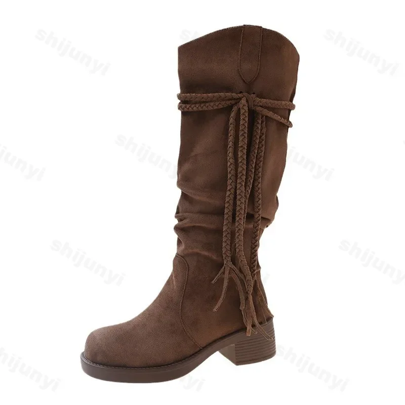 Damskie zamszowe buty do kolan 2024 Nowa moda Tassels Western Cowboy Boots Round Toe High Heels Shoes Roman Female Long Boots