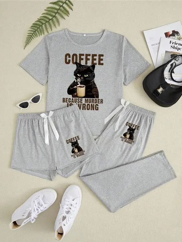 Pigiama da donna con stampa di gatti dei cartoni animati, collezione di indumenti da notte in 3 pezzi, indumenti da notte aderenti casual per tutte le stagioni, salotto confortevole
