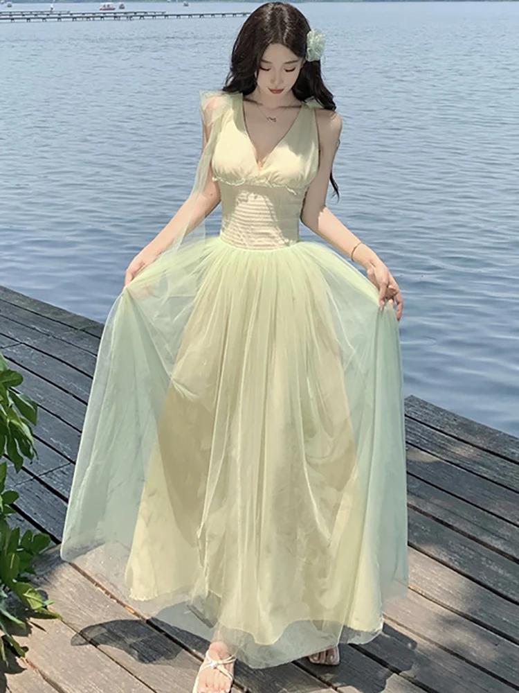 ฤดูร้อนสีเขียวตาข่ายเก๋โบว์สลิงชุดยาวผู้หญิงElegant Causal Ruffled Promเสื้อผ้า 2025 Korenaแฟชั่นBodycon Holiday Dress