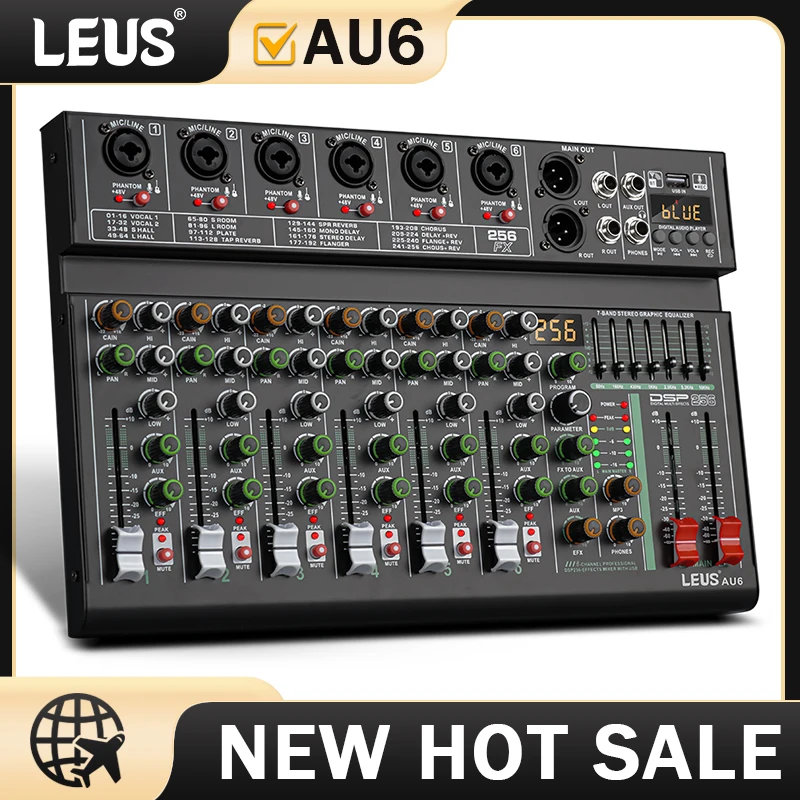 LEUS AU6 canal 256 efecto DSP mezclador de Audio grabar PC 48V Phantom Power USB mezcladores de sonido Bluetooth consola de DJ mezcla para Karaok