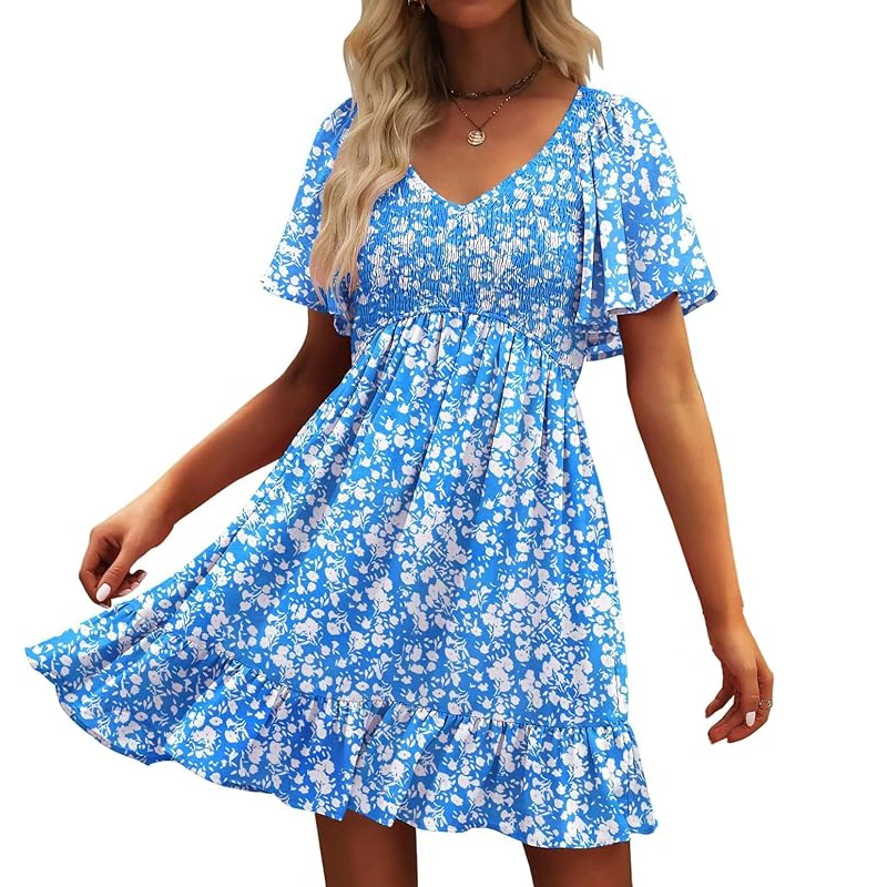 Mini abiti da donna con stampa floreale carina, scollo a V, maniche svolazzanti, casual, da spiaggia, estivi, con volant