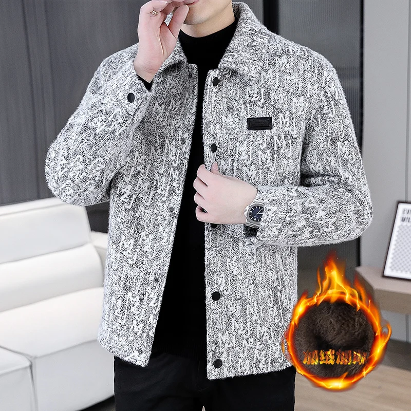 

Winter Letter Jacquard Woolen Jacket for Men Warm Added Velvet Casual Business Short Windbreaker Social Trench Blends Coats