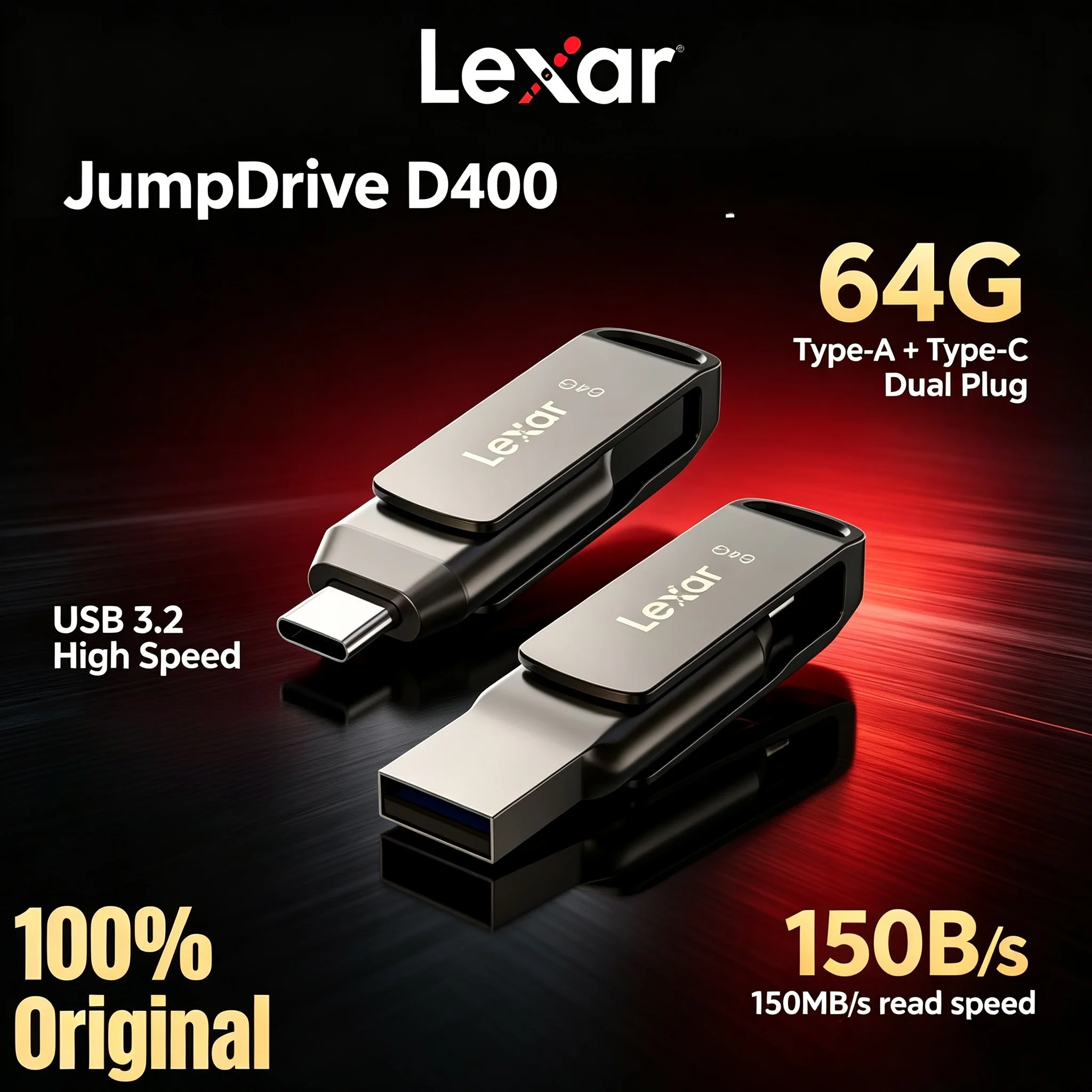 pen-drive-lexar-d400-64-128-256-512gb-usb-c-usb-a-2-em-1-conector-duplo-usb-32-alta-velocidade-para-iphone-15-pc-mac-rotacao-360