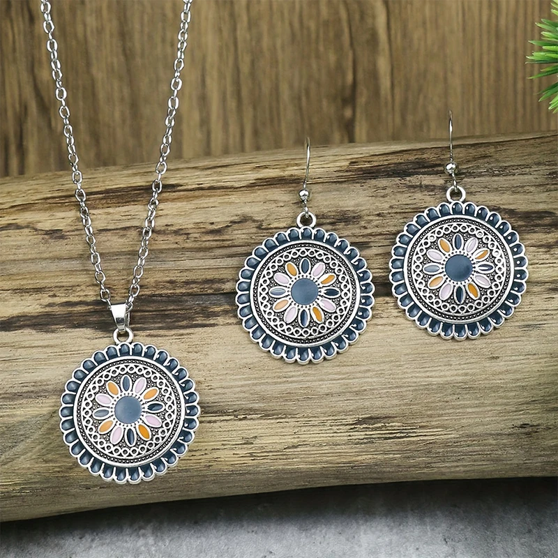 

Vintage Bohemian Necklace Earrings Jewelry Sets For Women Geometric Round Enamel Flower Chain Choker Pendant Drop Dangle Earings