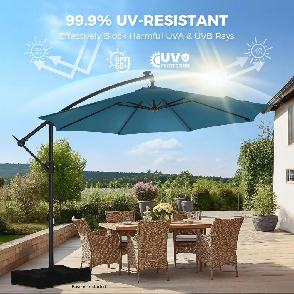 10 Feet Solar-Powered LED Lighted Offset Cantilever Patio Umbrella with Base for Outdoor Market Use