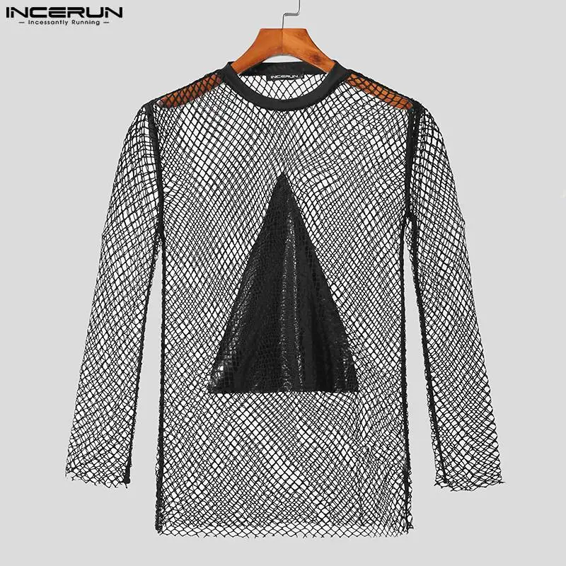 2023 Men T Shirt Mesh Patchwork Transparent O-neck Long Sleeve Tee Tops Streetwear Sexy Fashion Party Camisetas S-5XL INCERUN