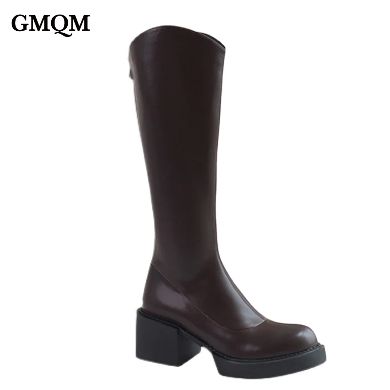 GMQM New Women\'s The Knee Boots Fashion Platform Shoes Round Toe Slip-On Sexy Slim Chunky High Heels Classic Black Office Lady