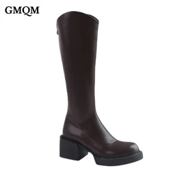 GMQM New Women's The Knee Boots Fashion Platform Shoes Round Toe Slip-On Sexy Slim Chunky High Heels Classic Black Office Lady