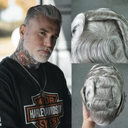 Durable 0.02-0.03mm Thin Skin 8x10 Toupee Grey Mix Black Hair 100% Remy Human Hair Man Wig Full PU Hairpiece Unit Replacement