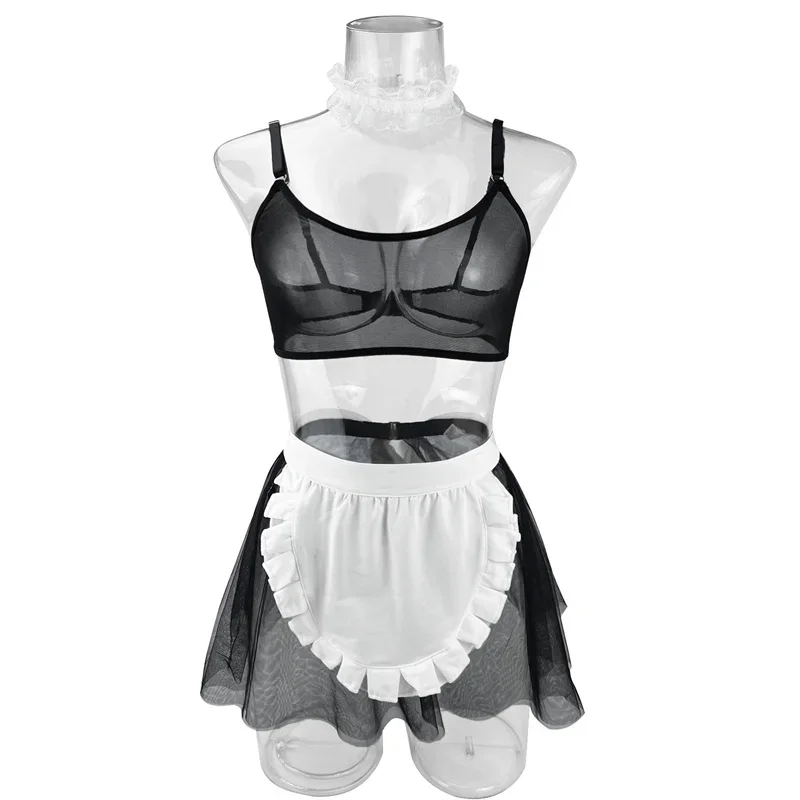 Maid Outfit Cosplay Sexy Lingerie Mesh Transparent Bra+Mini Skirt+Thongs Erotic Costumes Tempation Maid Uniforms Sexy Underwear