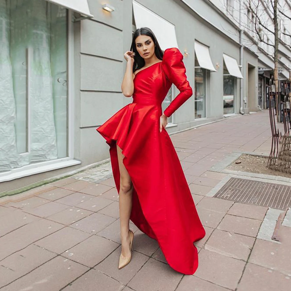 

Msikoods Red A Line Taffeta Evening Dresses One Sleeves Saudi Arabic Slit Women Formal Party Gowns Elegant Prom Occasion Dress