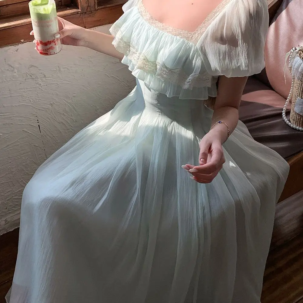 Mintgrünes süßes Kleid im französischen Stil, feenhaft, mädchenhaft, quadratischer Ausschnitt, elegantes langes Kleid, Vintage-Kleider mit hoher Taille, A-Linien-Kleider, Partykleidung