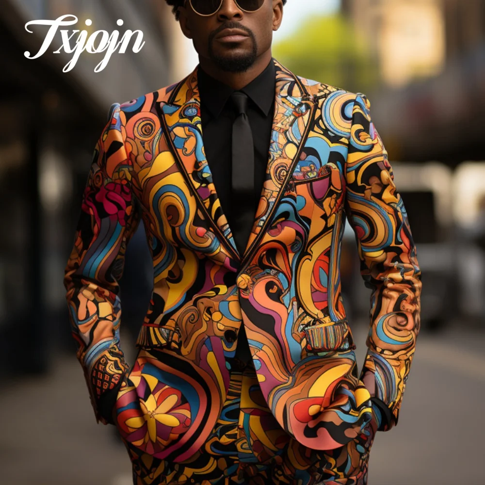 Hip Hop 3D Printed Men Suit Set 2PCS Classic Notched Lapel Suit Wear Casual single-breasted Performance Suit blazer masculino