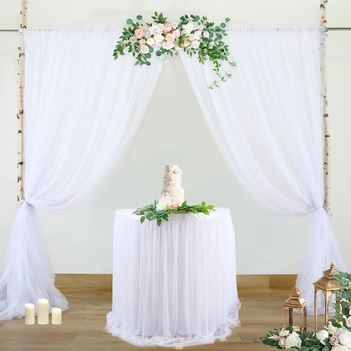 2PCS Backdrop Curtains Wedding Organza Sheer Crystal Tulle Roll Yarn Organza Fabric Wedding Party Backdrop Baby Shower Decor