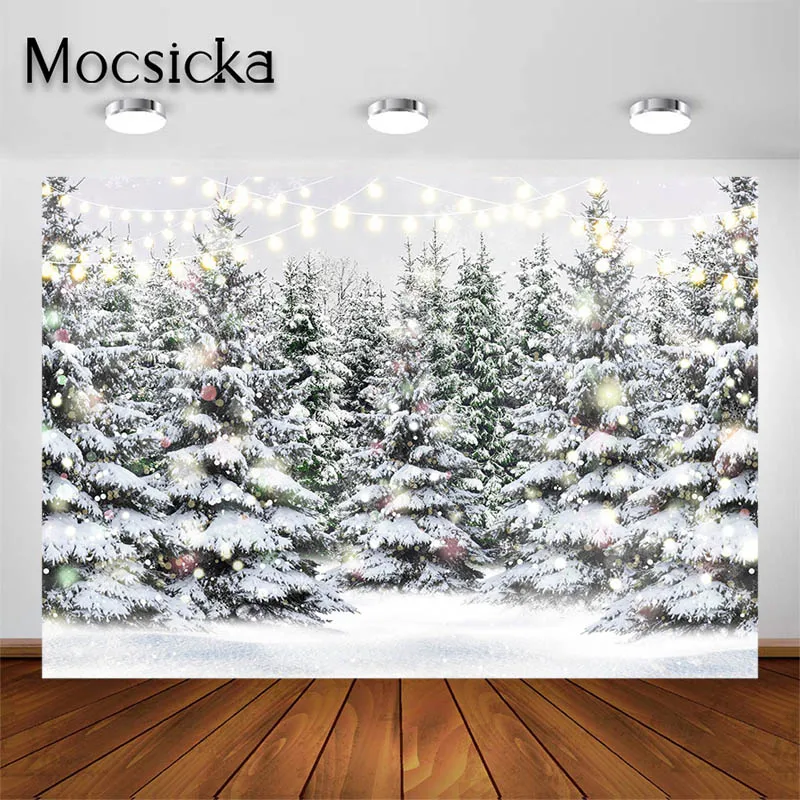 Mocsicka Winter View Photography Background for Portrait Pets Glitter Snow Pine Forest Backdrop Photo Studio Decorations Props