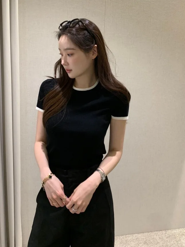 Chic ort Sve Knitted Top Women's Slim Fit Summer New Sle Thin Faionable Anti Aging Polyester Fiber 00% V Ne T irt