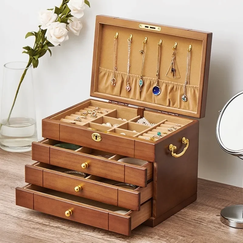 Genuine Exquisite Solid Wood Jewelry Box Drawer Type With Lock Necklace Ring Bracelet Earring 3-5layer Storage Box Wedding Gift