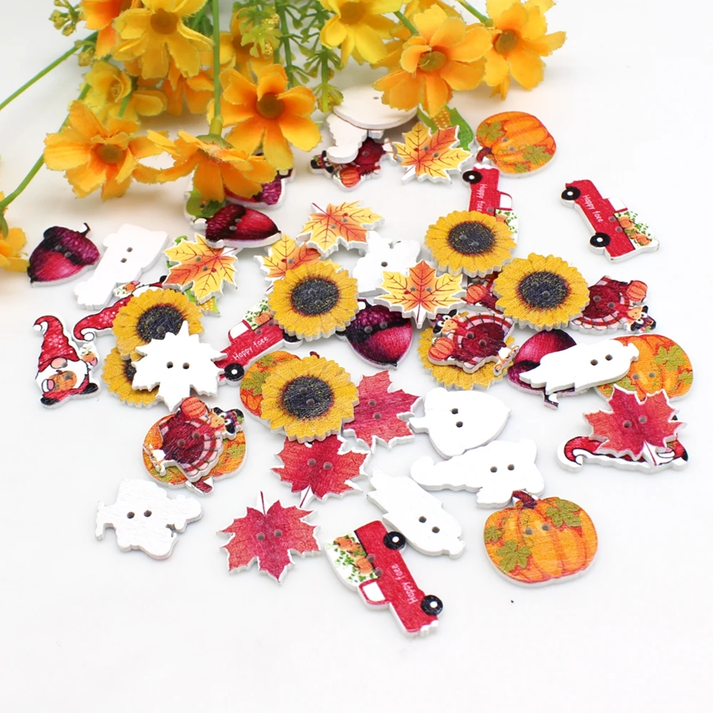 50PCs Cartoon Pastoral style Buttons Decorative Buttons Fit Sewing DIY Wooden Buttons Sewing Scrapbooking Accessories