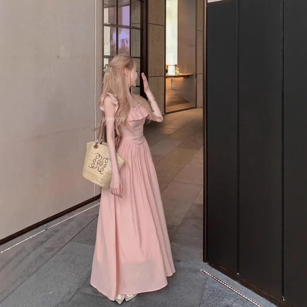 Robe gelatinuse pêche, nouvelle mode d'été, Style français, col carré, cintrée à la taille, jupe longue Slim, vêtements pour femmes