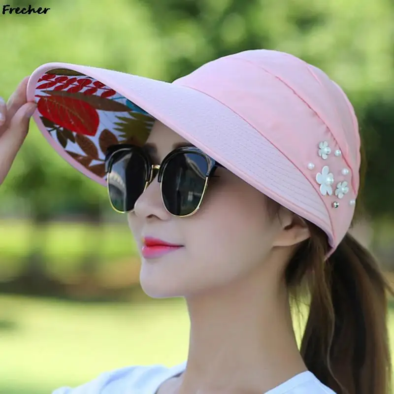 Women Foldable Sun Hat Suncreen Floppy Cap Pearl Flower Visors Hats Summer Empty Top Baseball Caps Outdoor Casual Casquette New