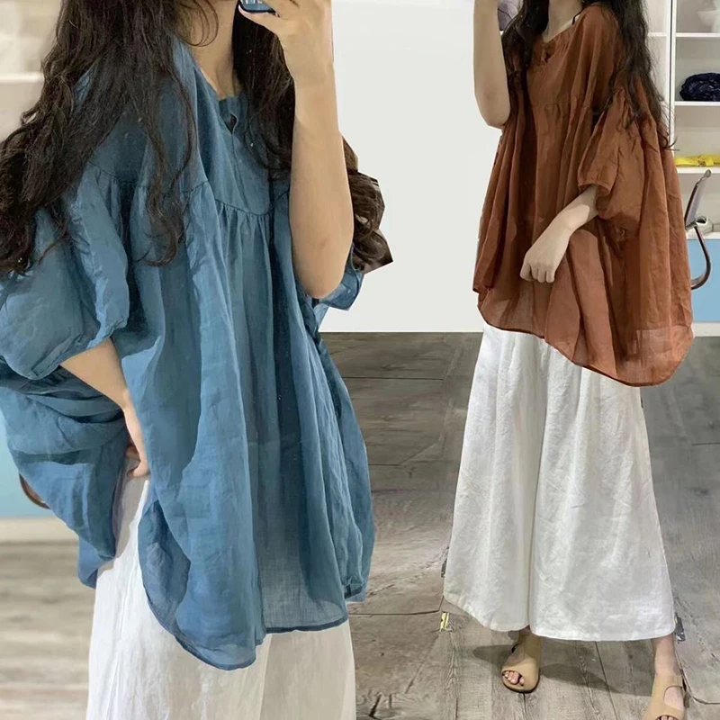 Summer Plus Size Women Sunscreen Shirt Japanese Literary Puff Sleeve Loose Oversized Lightweight Doll Blouse Casual Ladies Tops