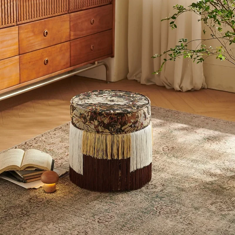 Vintage Floral  Round Stool Multi-Layer Color Tassel Fringe Padded Footrest Retro Boho Sofa Side Vanity Bench