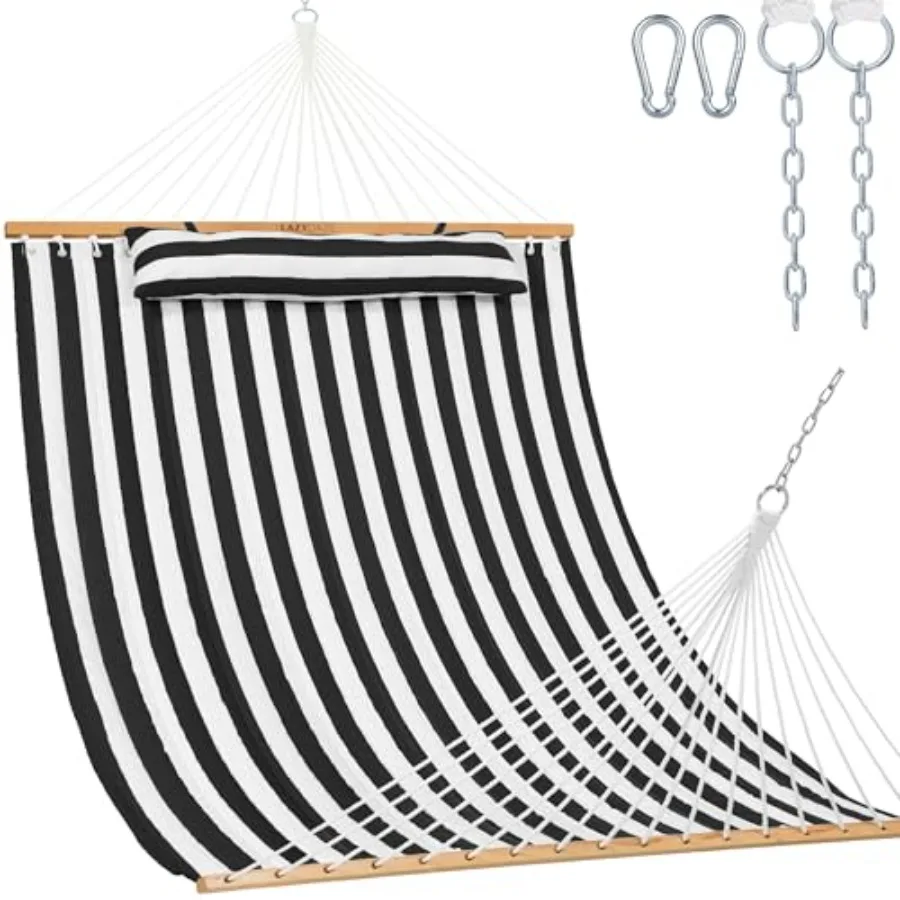 

Outdoor 2-person quilted fabric hammock with spreader bars and detachable pillow, beige, 12 feet, 450 lbs capacity for patio, p