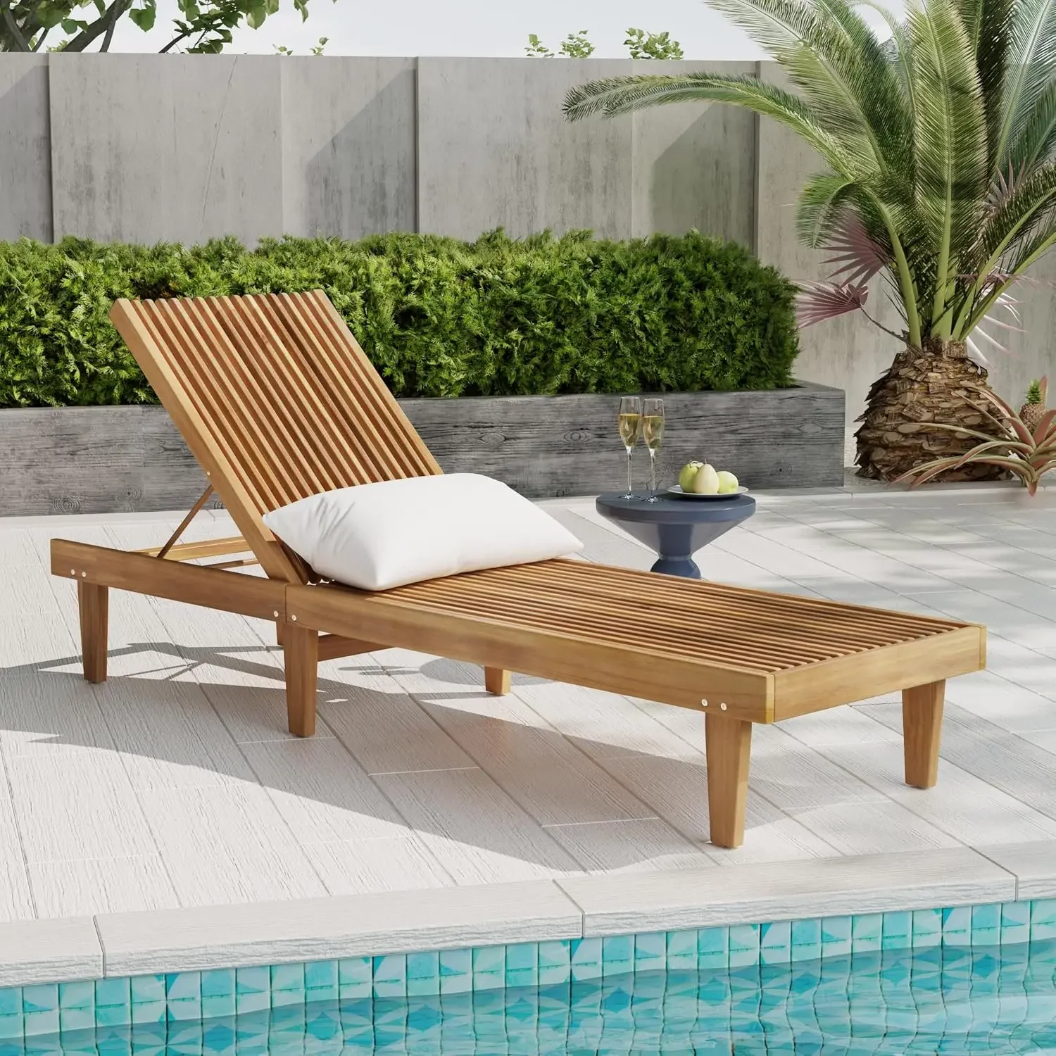 Outdoor Chaise Lounge Chair, Acacia Wood Frame Sunbathing Pool Lounger with 5-Position Adjustable Backrest, Patio Portable Recli