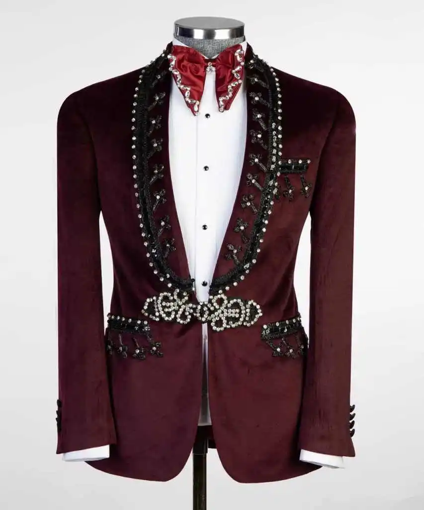 Velvet Men Suits Beaded One Piece Wedding Prom Tuxedos Shawl Lapel Sparkling Single Button Formal Evening Groom Customized