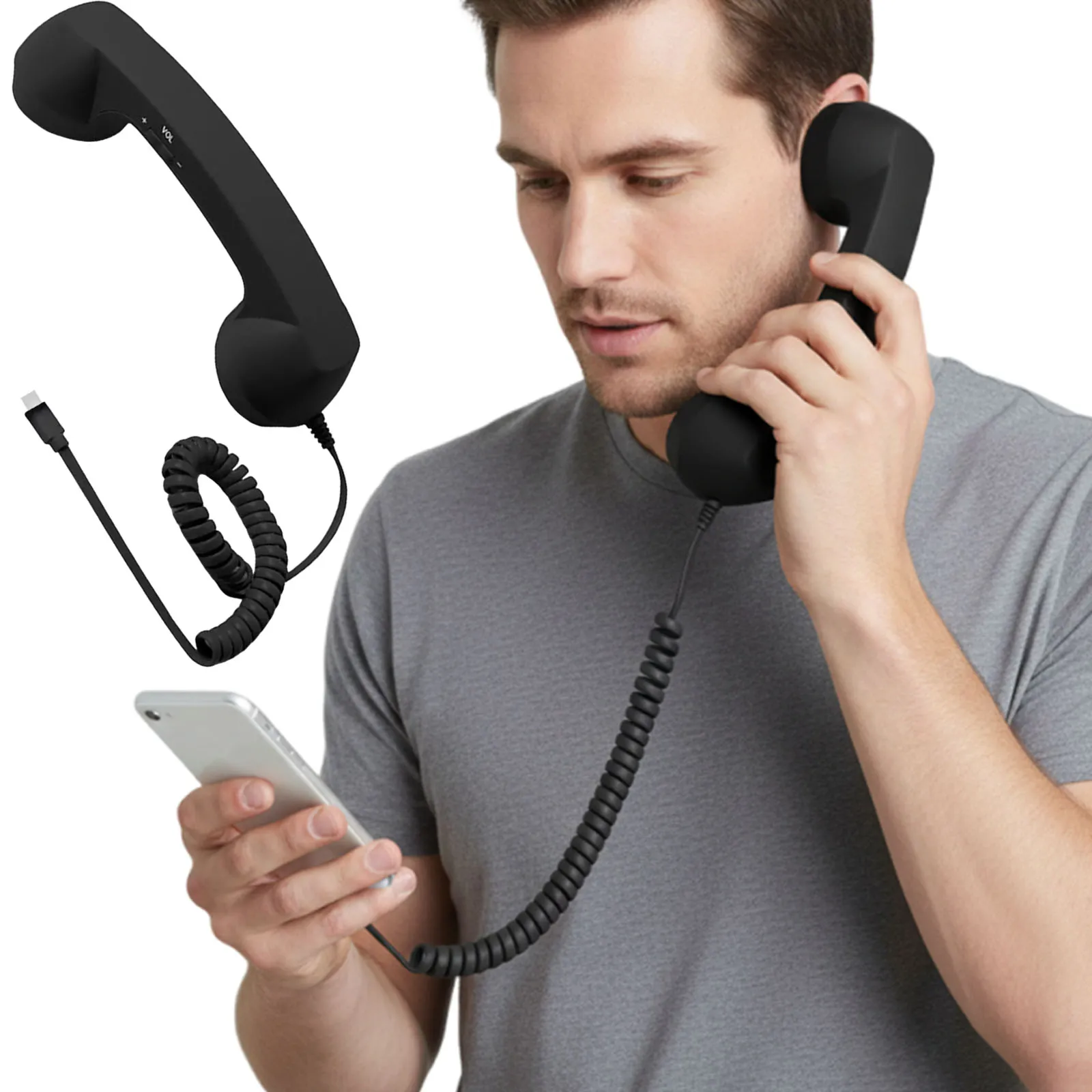 Retro Phone Handset Type-C Landline Handle Receiver Ergonomics Portable Vintage Phone Headset for Cell Mobile Video Conferences