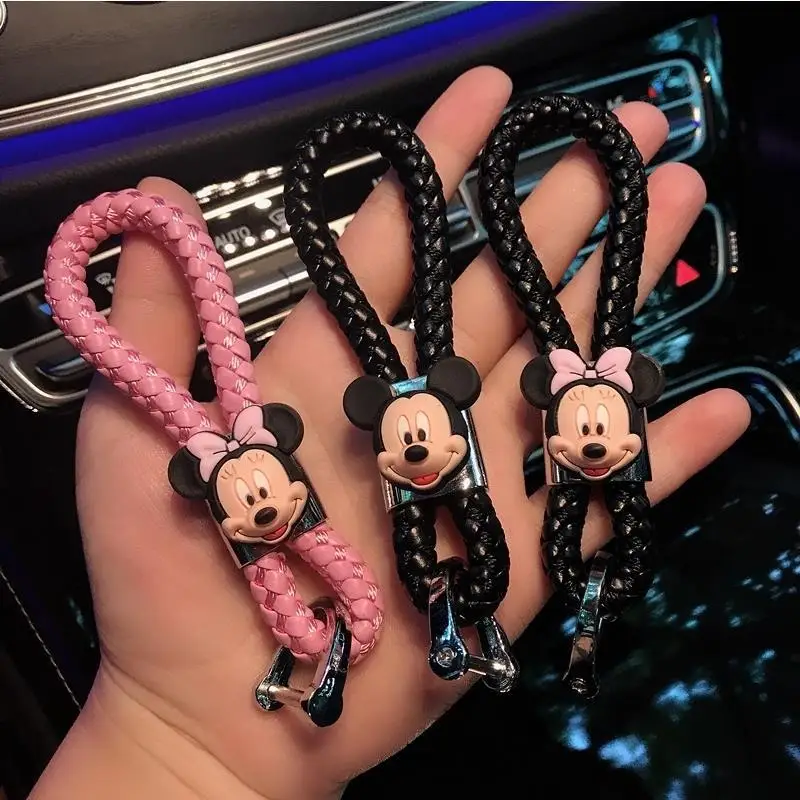 Disney Mickey Cartoon Car Key Lanyard High-end Black Car Woven Keychain Personality Creative Key Chain Small Pendant Female