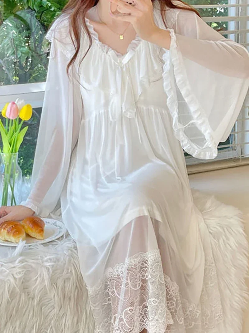 Women Female Fairy Ruffles Mesh Lolita Vintage Princess Nightdress Female Spring Pure Cotton Lace Victorian Nightgowns Sleepwear