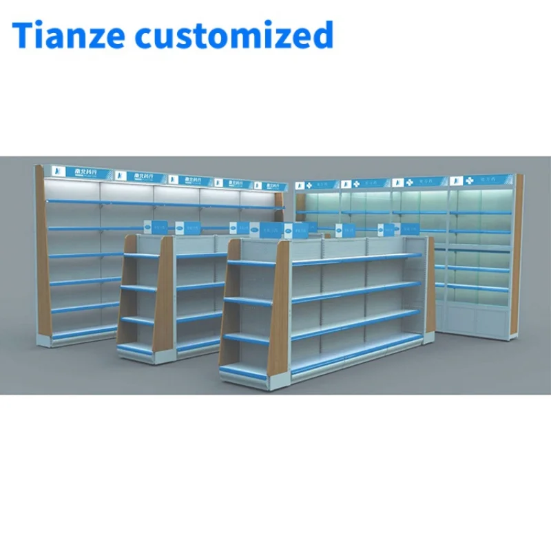 

(customized)Freestanding Single Sided Multi-Layer Steel Wooden Drugstore Retail Store Pharmacy Display Shelves