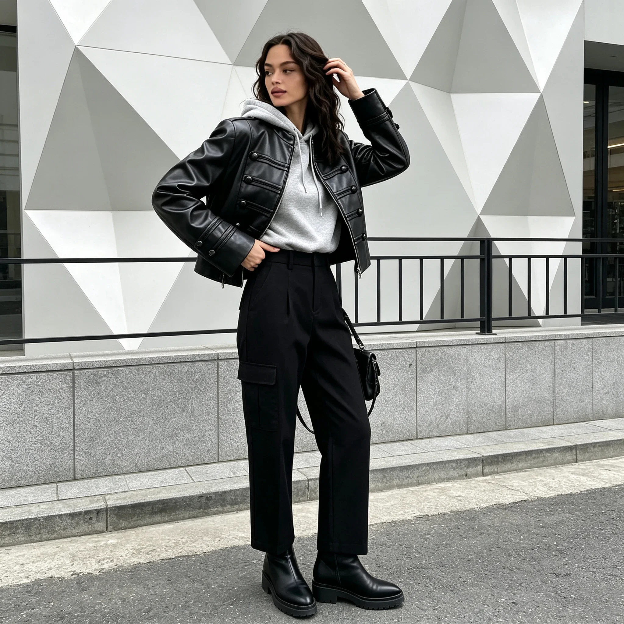 Stand Collar PU Leather Jacket Women Frog Button Loose Fit Casual Black Daily Elegant Autumn Spring Cozy Outerwear