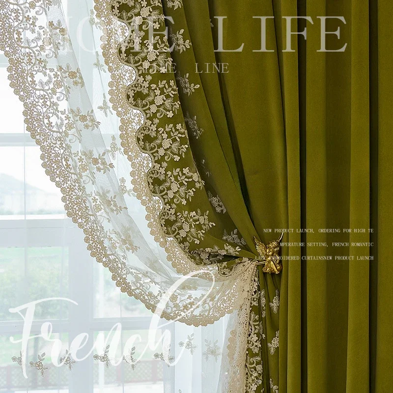 

American Retro Olive Green Embroidered Curtains for Living Room Bedroom Thickened Velvet High-end French Blackout Customize