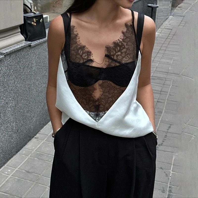 

Talenza Sexy Lace Camisole Women Fashion V-Neck See Through Lace Patchwork Camisole Top Elegant Streetwear Y2k Party Female Tops