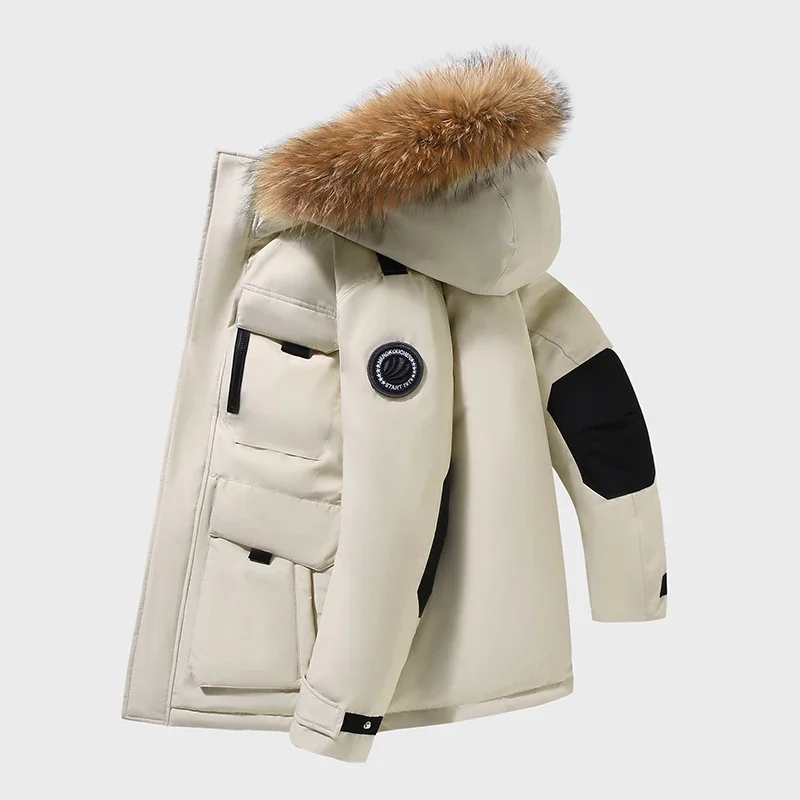 Winter -30 Degree Down Jacket Men Down Cotton Parkas Coat Mid-length Large Fur Collar Male Thicken Coat Snow Overcoat Parka