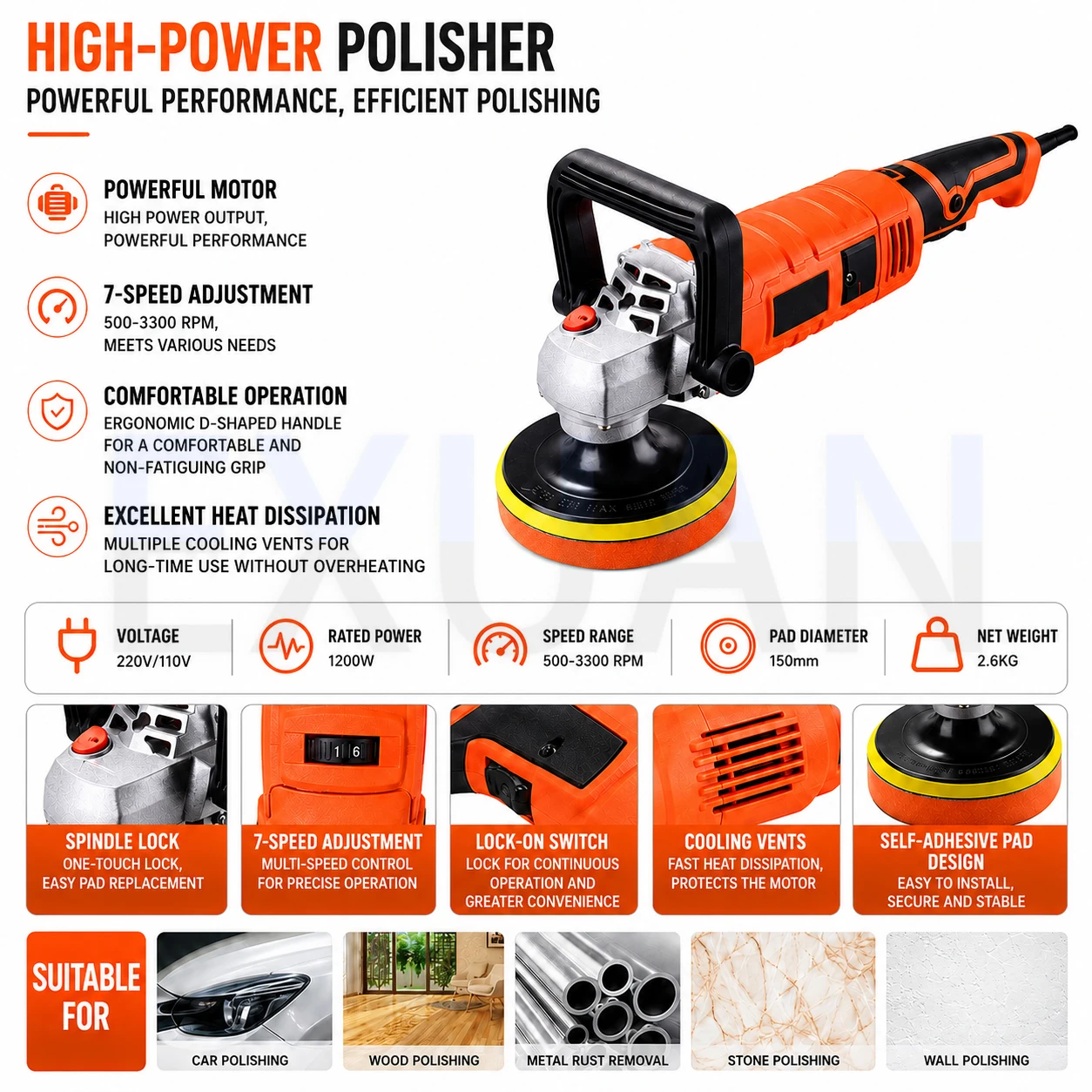 

Electric Polisher 7 Gears Adjustable Speed Waxing Machine Car Woodworking Furniture Polishing Tools 1580W 220V/110V 500-3300RPM