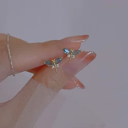 Mini Perforated Earrings Cute Sweet Four Shiny Zircon Dragonfly Bow Stud Earrings for Women Girl Children Jewelry Wholesale