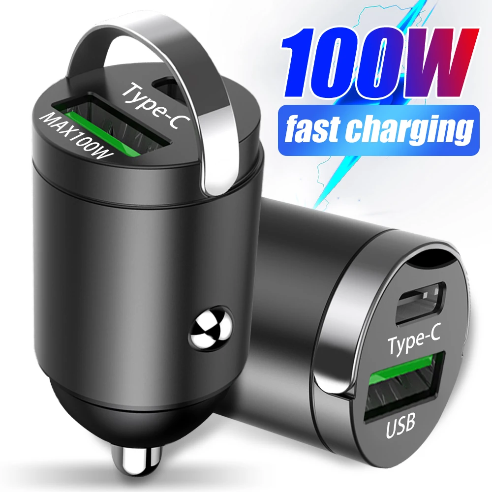 100W Car Invisible Fast Charger Portable Pull Ring PD QC3.0 USB Type C Car Chargers Adapter Mini Quick Charging Accessories