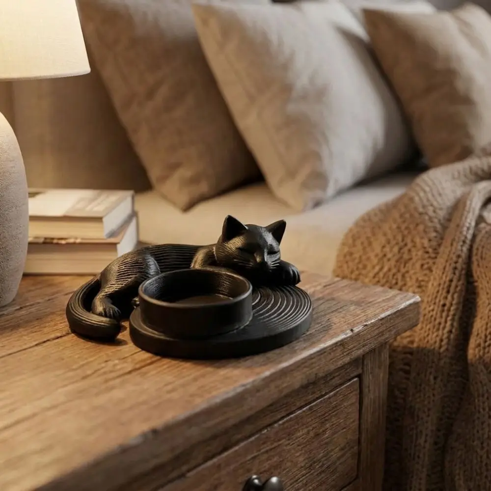 3D Printed Cat Candle Stand Plastic Cute Cat Candle Holder Kitten Sleeping Ornament Ring-Shaped Cat Sculpture Home Decoration