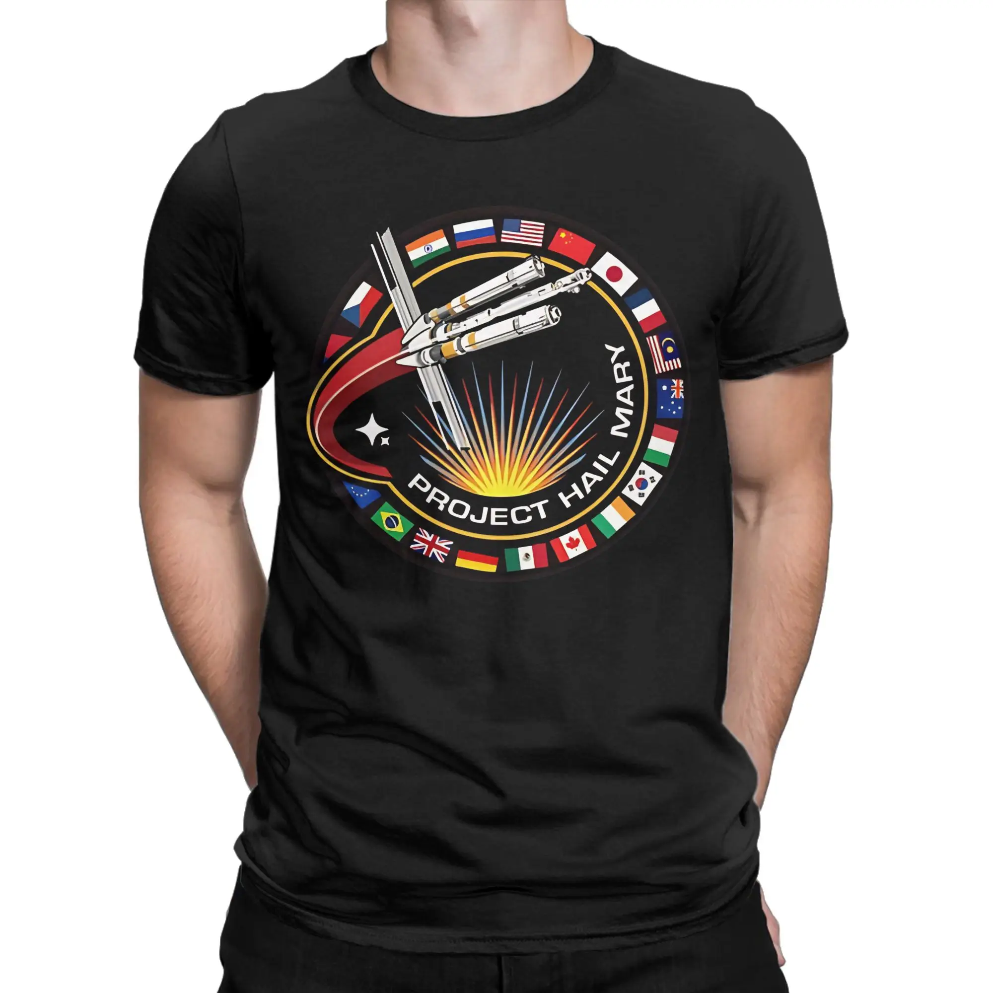 Project Hail Mary Mission Patch With Countries  Tshirts Men's 100%Cotton Tops Funny  Round Neck Short Sleeve