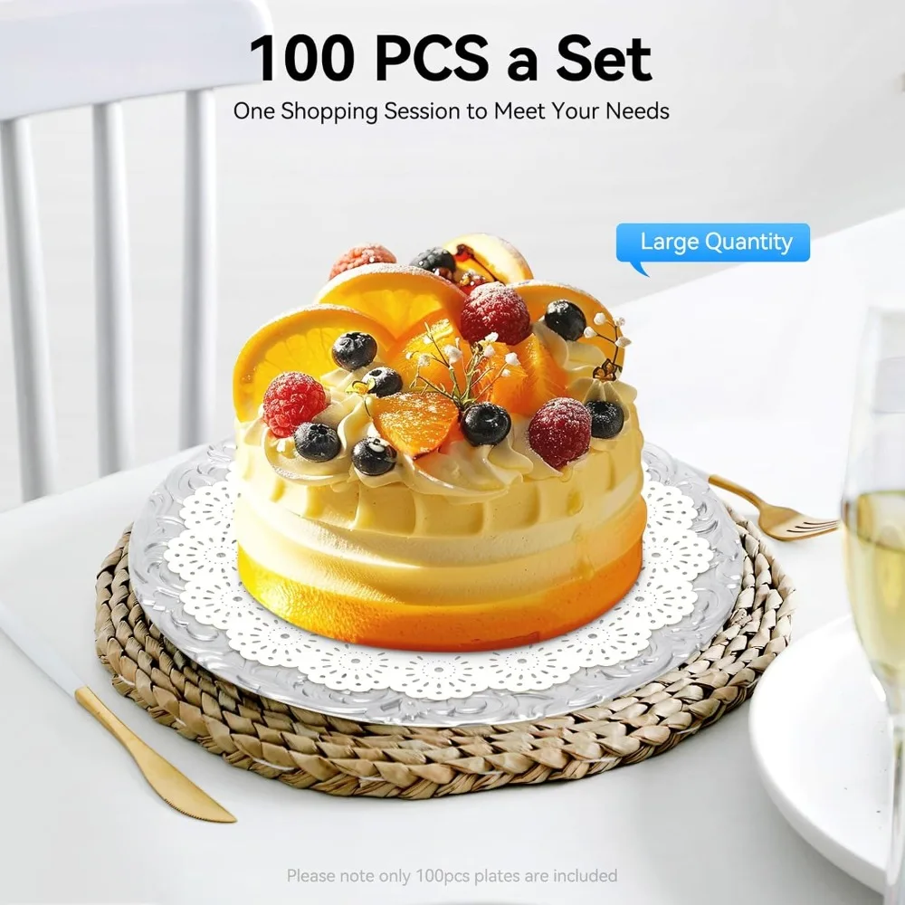 13in Round Embossed Dinner Plate 100Pcs Charger Plates Bulk Plastic Reusable Dinner Serving Plates for Wedding Party Event Table