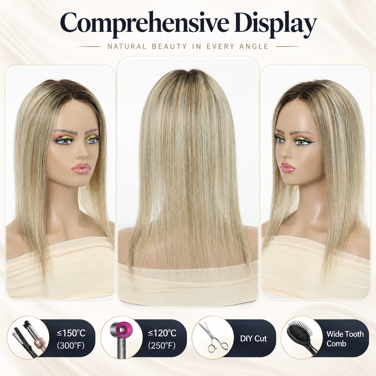 Ash Blonde Ombre 100% Remy Human Hair Topper 5x6 Inch Middle Part 14 Inch Hairpiece with Fish Line for Women Thinning Hair