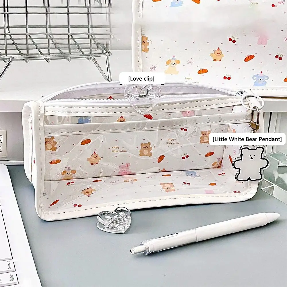 New Transparent Animal Park Pen Bag with Interlayer Large Capacity Stationery Storage Bags Triangular Pen Box