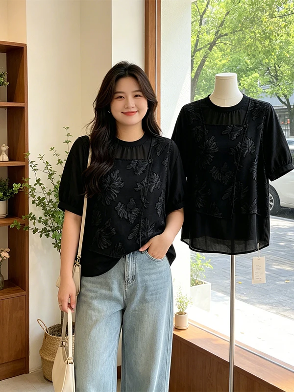 

plus Size Women's Summer 2026 Casual Style Slimming Floral Embroidery Loose Patchwork Shirt Top Design Sensation