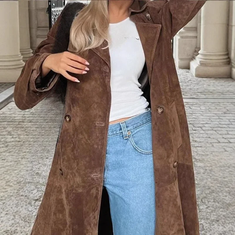 

Europe and The United States Cross-border Comfortable Casual Fashion Versatile Suede Coat Lace-up Waist Extended Coat