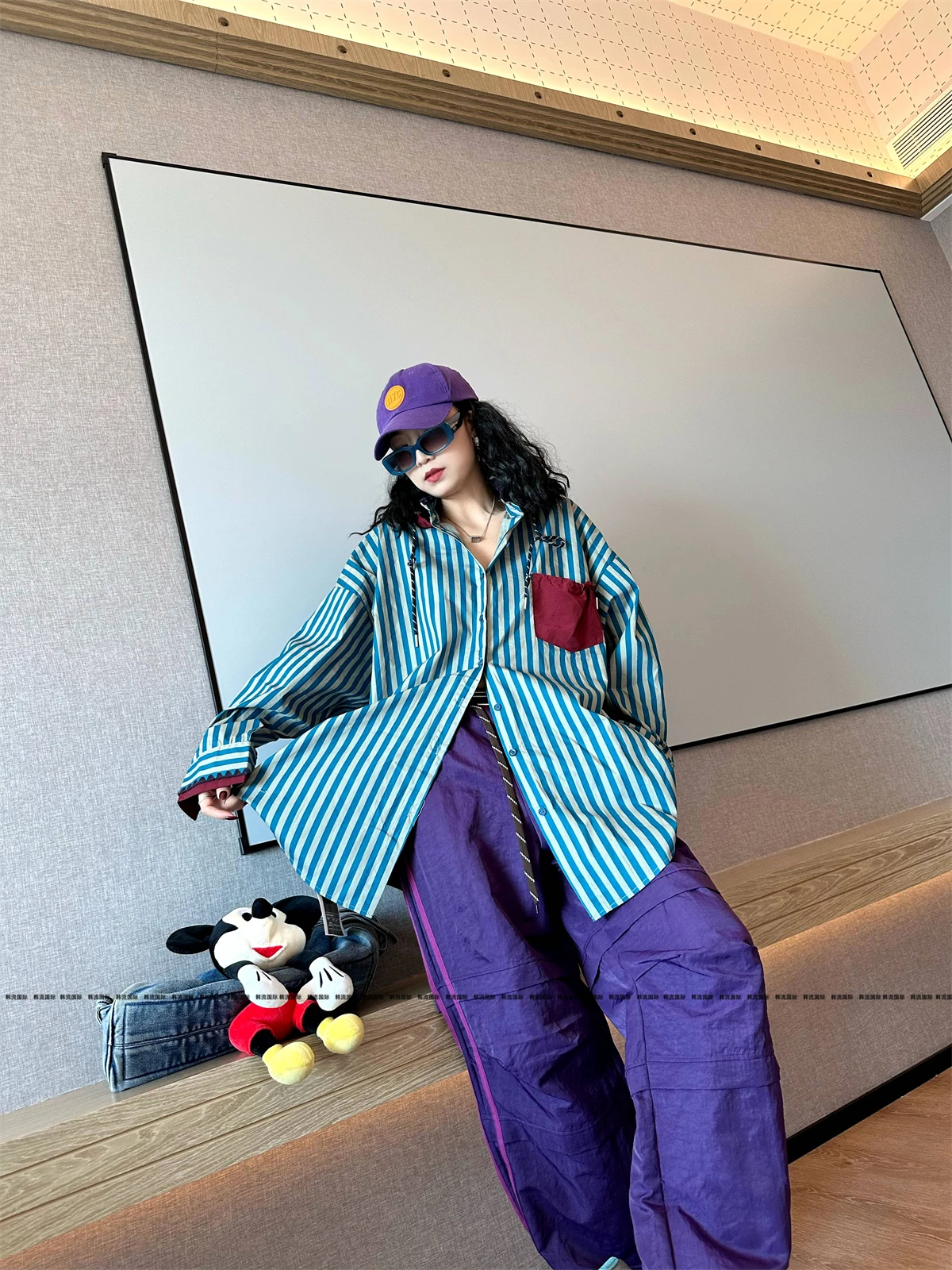 Oversize Shirt for Women 2025 Autumn New Cartoon Print Design Striped Shirt Mid-Length Loose Color-Block Hooded Top