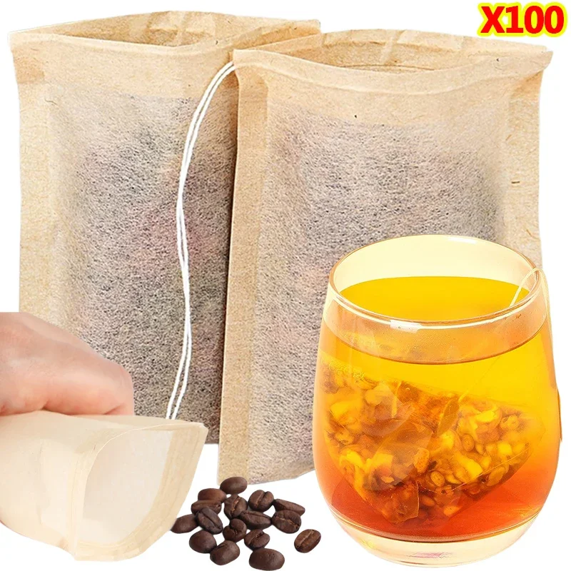 100Pcs Teabags with Drawstring Filter Empty Tea Bags for Coffee Bean Leaf Tea Powder Herbal Medicine Biodegradable Paper Bag