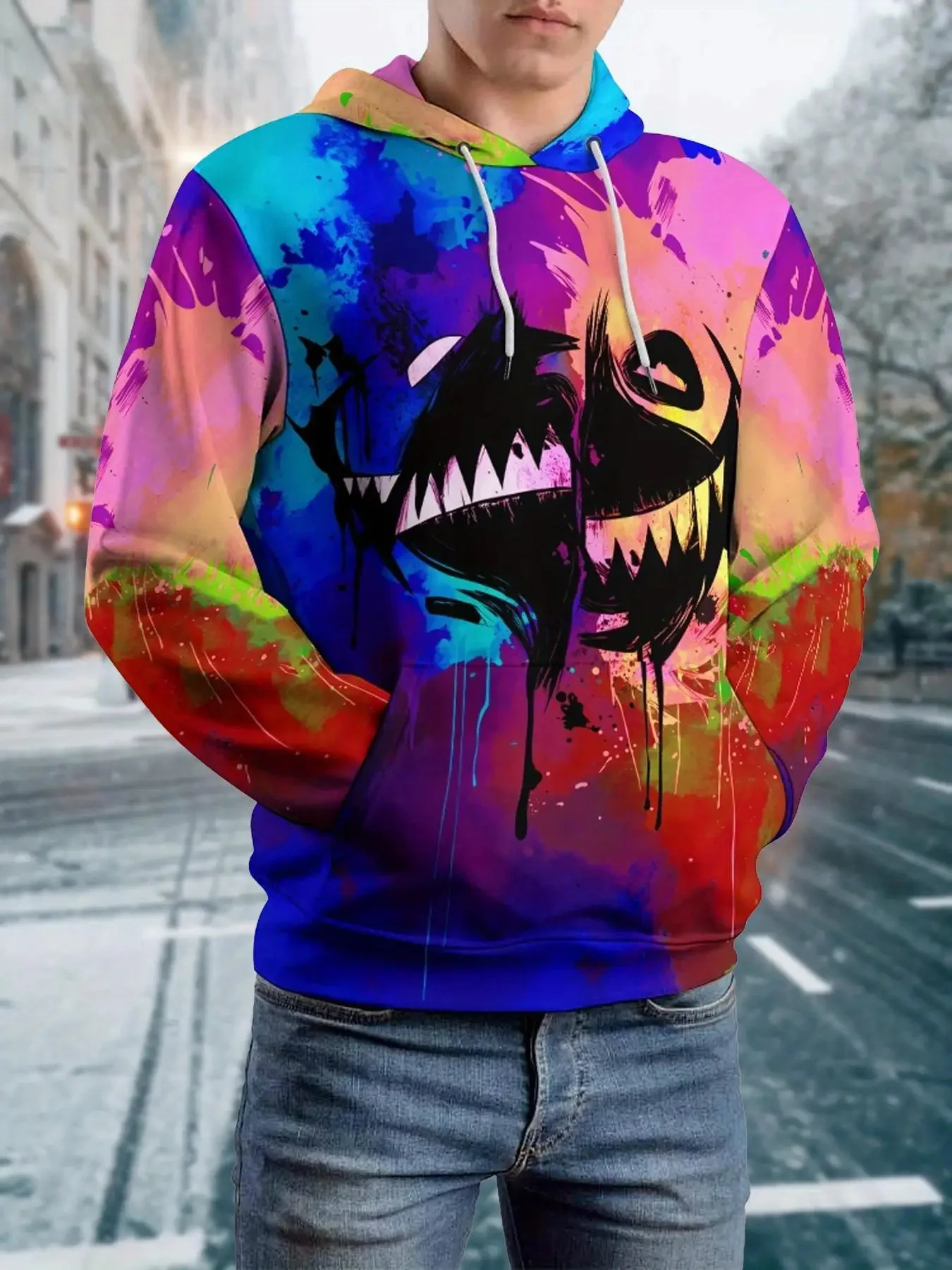 Men Colorful Splash Ink Evil Grin Monster Face 3D Full Print Drawstring Hooded Sweatshirt With Front Kangaroo Pocket